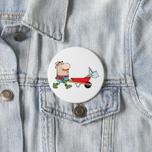 Cartoon Farmer with Wheelbarrow and Tools Button
