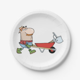 Cartoon Farmer with Wheelbarrow and Tools Paper Plates