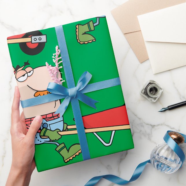 Cartoon Farmer with Wheelbarrow and Tools Wrapping Paper (Creator Uploaded)