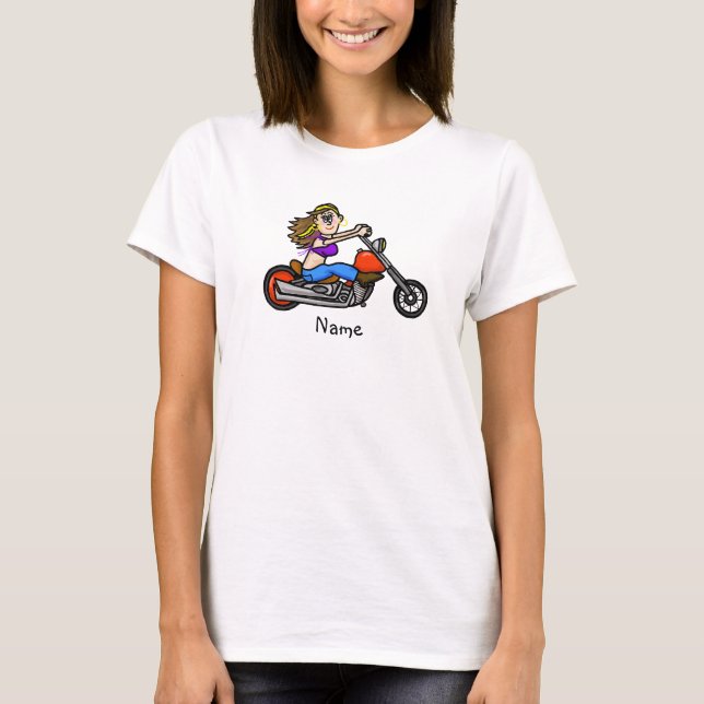 Cartoon Female Motorcycle Chick T-Shirt (Front)