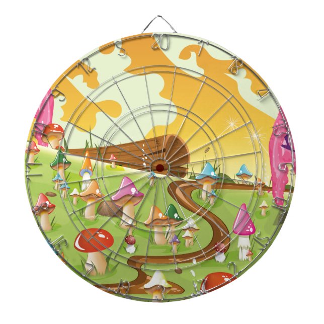 Cartoon field of Mushrooms Dartboard With Darts (Front)