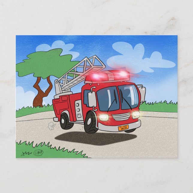 Cartoon Fire Engine Postcard (Front)