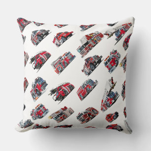 Cartoon Fire Trucks seamless pattern Fabric Throw Pillow