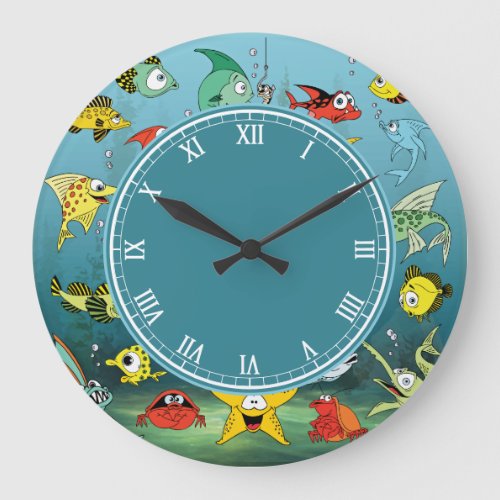 Cartoon Fish Underwater Roman Numbers Large Clock