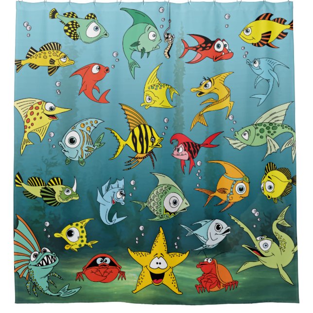 Cartoon Fish Underwater Shower Curtain (Front)