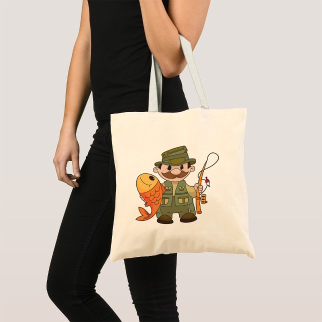 Cartoon Fisherman with Big Catch Funny Fishing  Tote Bag (Creator Uploaded)