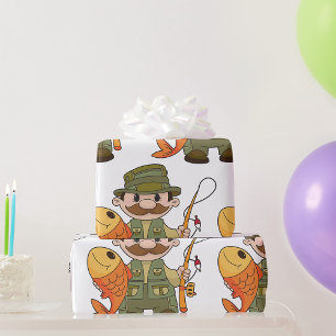 Cartoon Fisherman with Big Catch Funny Fishing Wrapping Paper