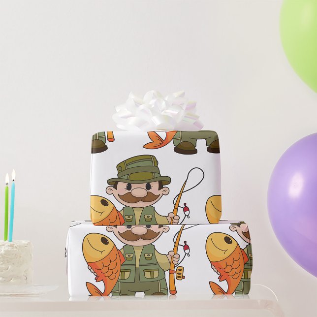 Cartoon Fisherman with Big Catch Funny Fishing  Wrapping Paper (Creator Uploaded)