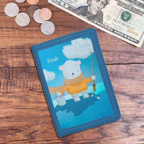 Cartoon Fishing Polar Bear Kid Blue Wallet