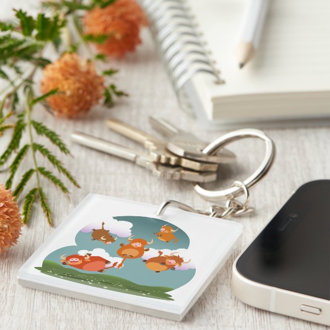 Cartoon Floating Highland Cows Acrylic Keychain (Front Right)