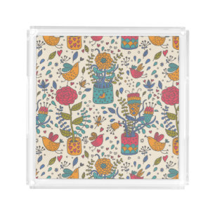 Cartoon floral pattern with birds 2 acrylic tray