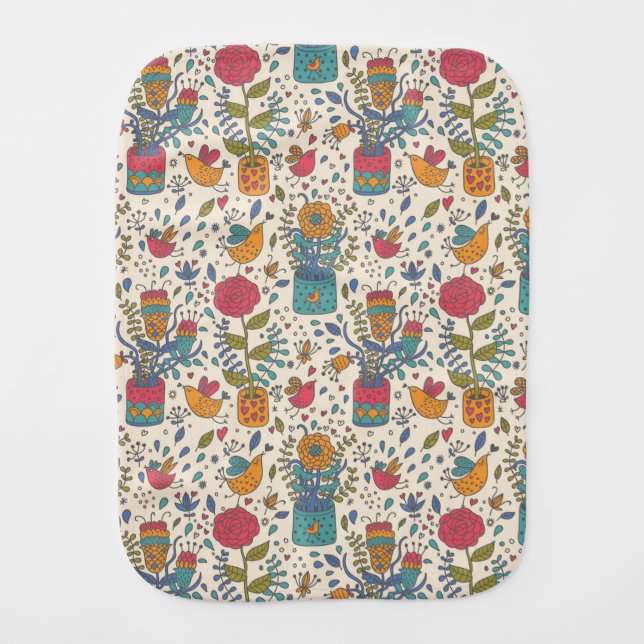Cartoon floral pattern with birds 2 baby burp cloth (Front)