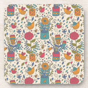 Cartoon floral pattern with birds 2 beverage coaster