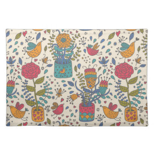 Cartoon floral pattern with birds 2 cloth placemat