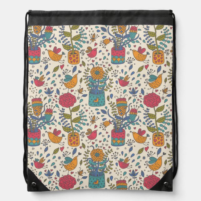 Cartoon floral pattern with birds 2 drawstring bag (Front)