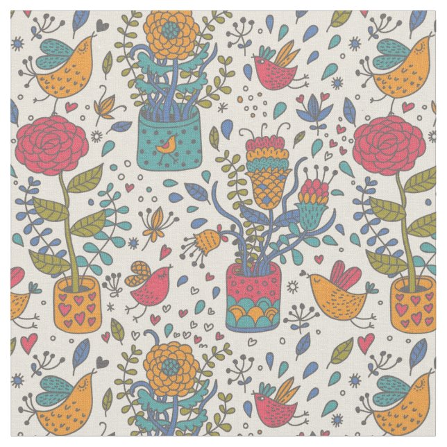 Cartoon floral pattern with birds 2 fabric (Close Up)