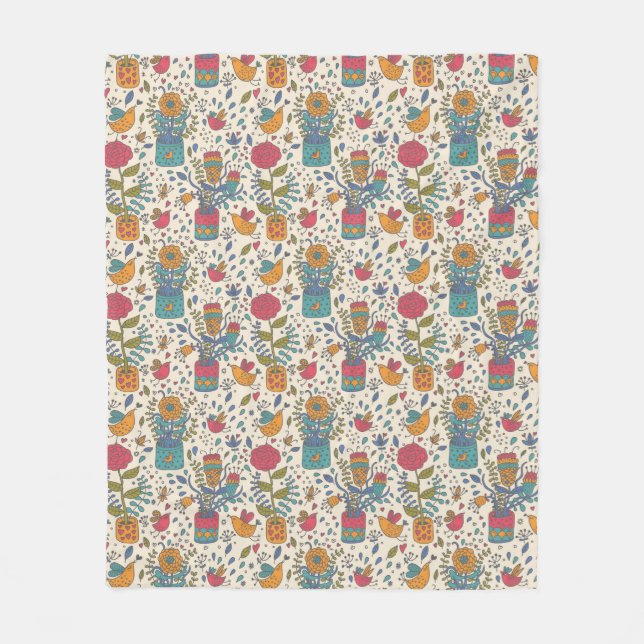 Cartoon floral pattern with birds 2 fleece blanket (Front)