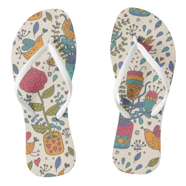 Cartoon floral pattern with birds 2 flip flops (Footbed)