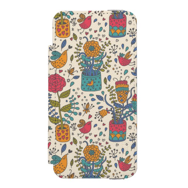 Cartoon floral pattern with birds 2 incipio iPhone wallet case (Folio Front)