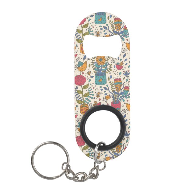 Cartoon floral pattern with birds 2 keychain bottle opener (Front)