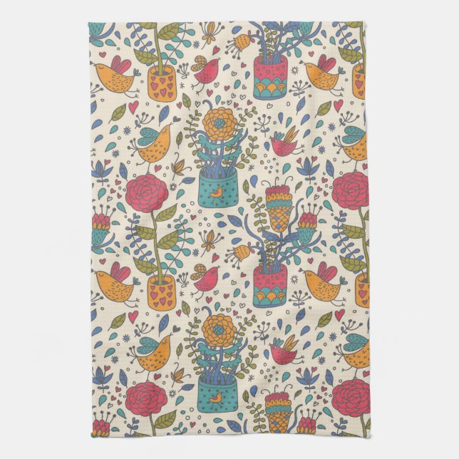 Cartoon floral pattern with birds 2 kitchen towel (Vertical)