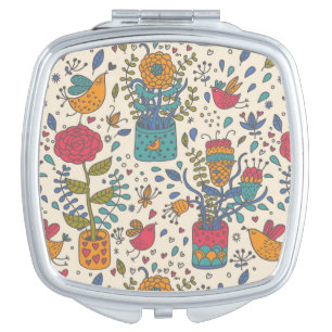 Cartoon floral pattern with birds 2 makeup mirror