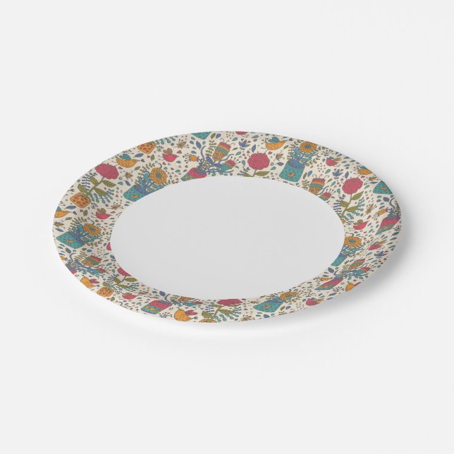 Cartoon floral pattern with birds 2 paper plates (Angled)