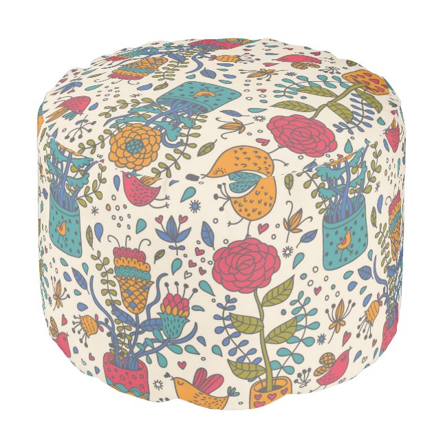 Cartoon floral pattern with birds 2 pouf (Angled Front)