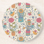 Cartoon floral pattern with birds 2 sandstone coaster
