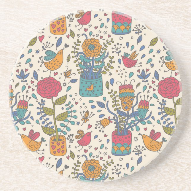 Cartoon floral pattern with birds 2 sandstone coaster (Front)
