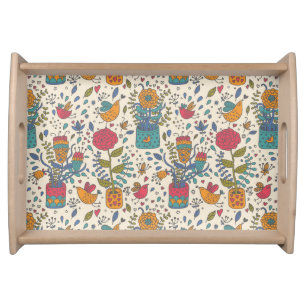 Cartoon floral pattern with birds 2 serving tray