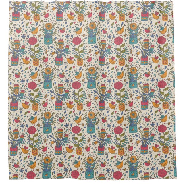 Cartoon floral pattern with birds 2 shower curtain (Front)