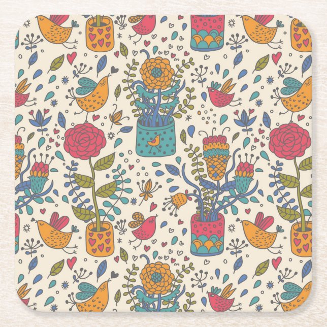Cartoon floral pattern with birds 2 square paper coaster (Front)