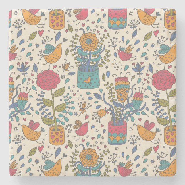 Cartoon floral pattern with birds 2 stone coaster (Front)