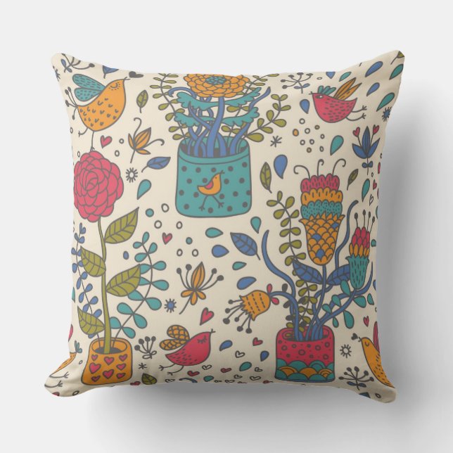 Cartoon floral pattern with birds 2 throw pillow (Front)