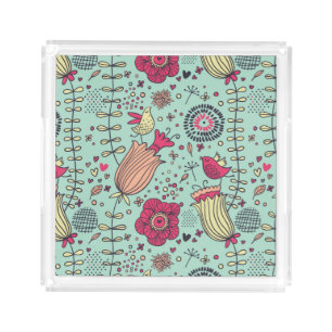 Cartoon floral pattern with birds acrylic tray