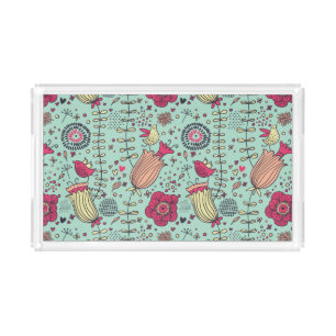 Cartoon floral pattern with birds acrylic tray