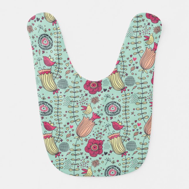 Cartoon floral pattern with birds baby bib (Front)