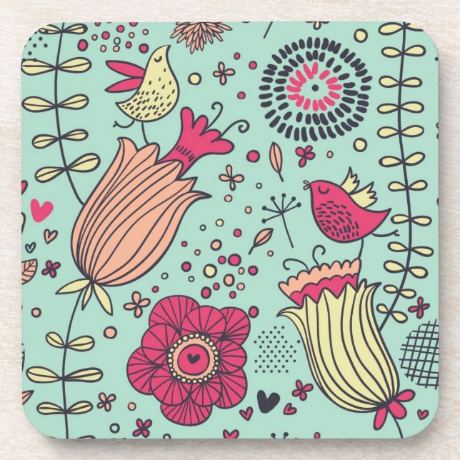 Cartoon floral pattern with birds beverage coaster (Front)
