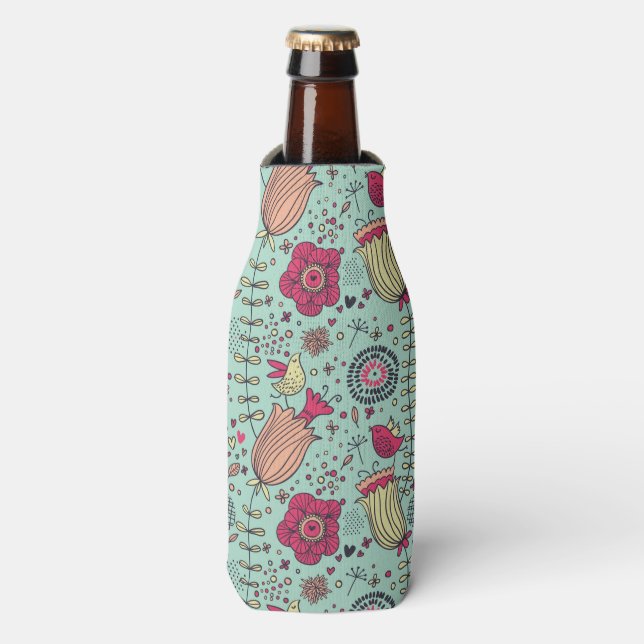 Cartoon floral pattern with birds bottle cooler (Bottle Front)