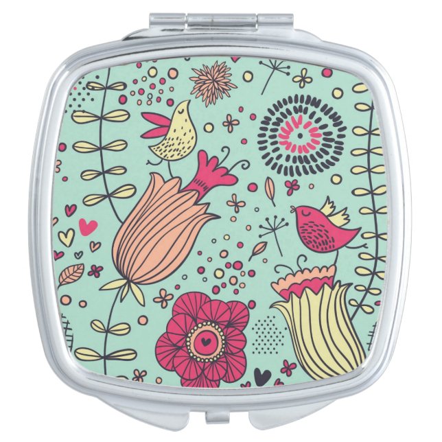 Cartoon floral pattern with birds compact mirror (Front)