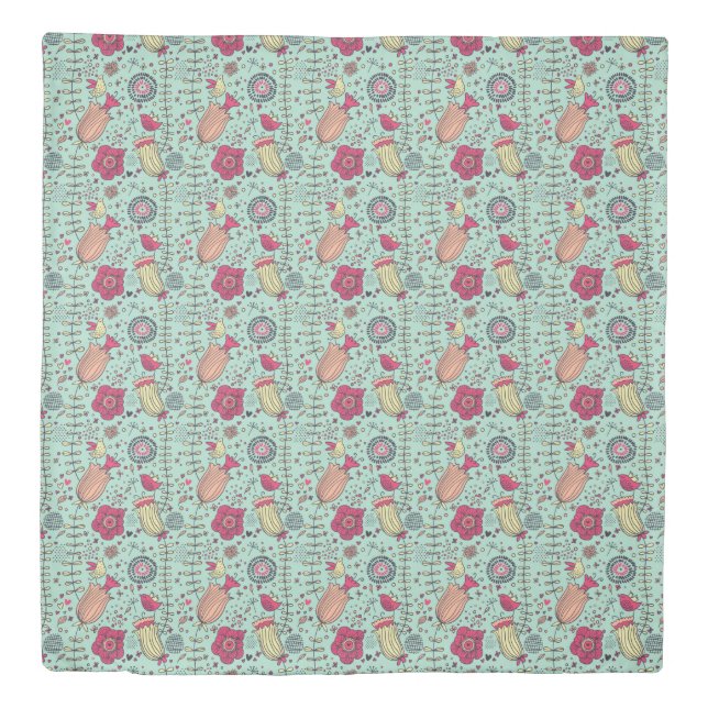 Cartoon floral pattern with birds duvet cover (Front)