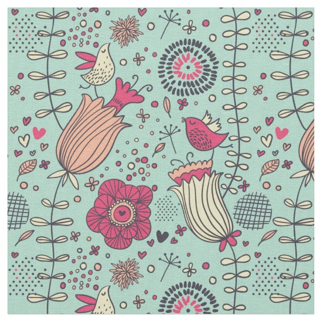 Cartoon floral pattern with birds fabric (Close Up)