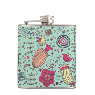 Cartoon floral pattern with birds flask