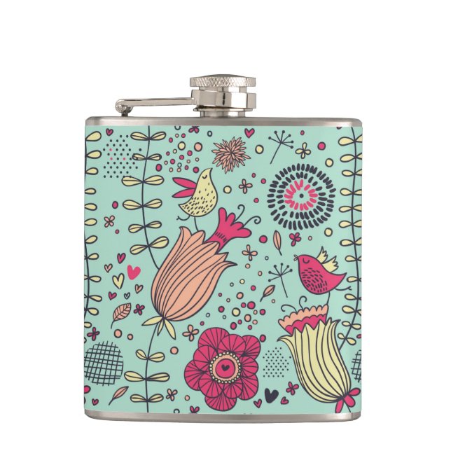 Cartoon floral pattern with birds flask (Front)