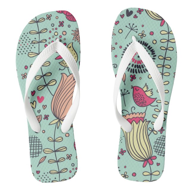 Cartoon floral pattern with birds flip flops (Footbed)