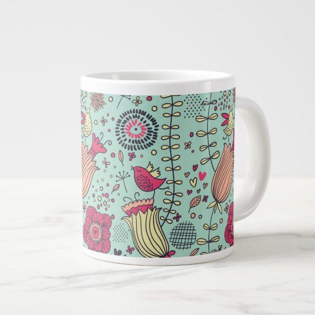 Cartoon floral pattern with birds giant coffee mug (Front Right)