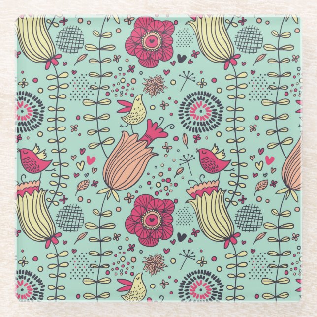 Cartoon floral pattern with birds glass coaster (Front)