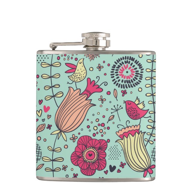 Cartoon floral pattern with birds hip flask (Front)