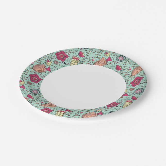 Cartoon floral pattern with birds paper plates (Angled)